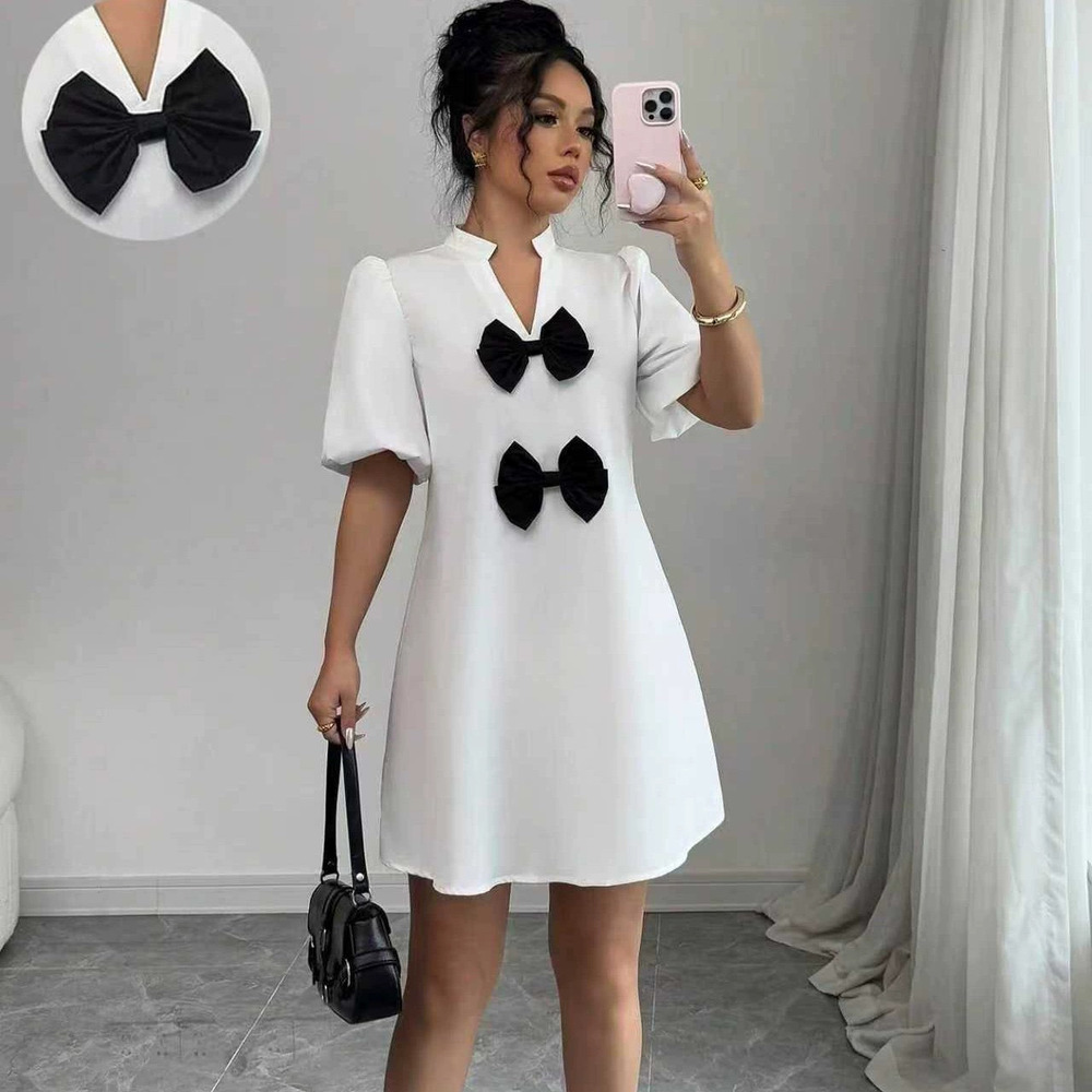 Zara Solid Color Bow Detail Puff Sleeve Casual Dress